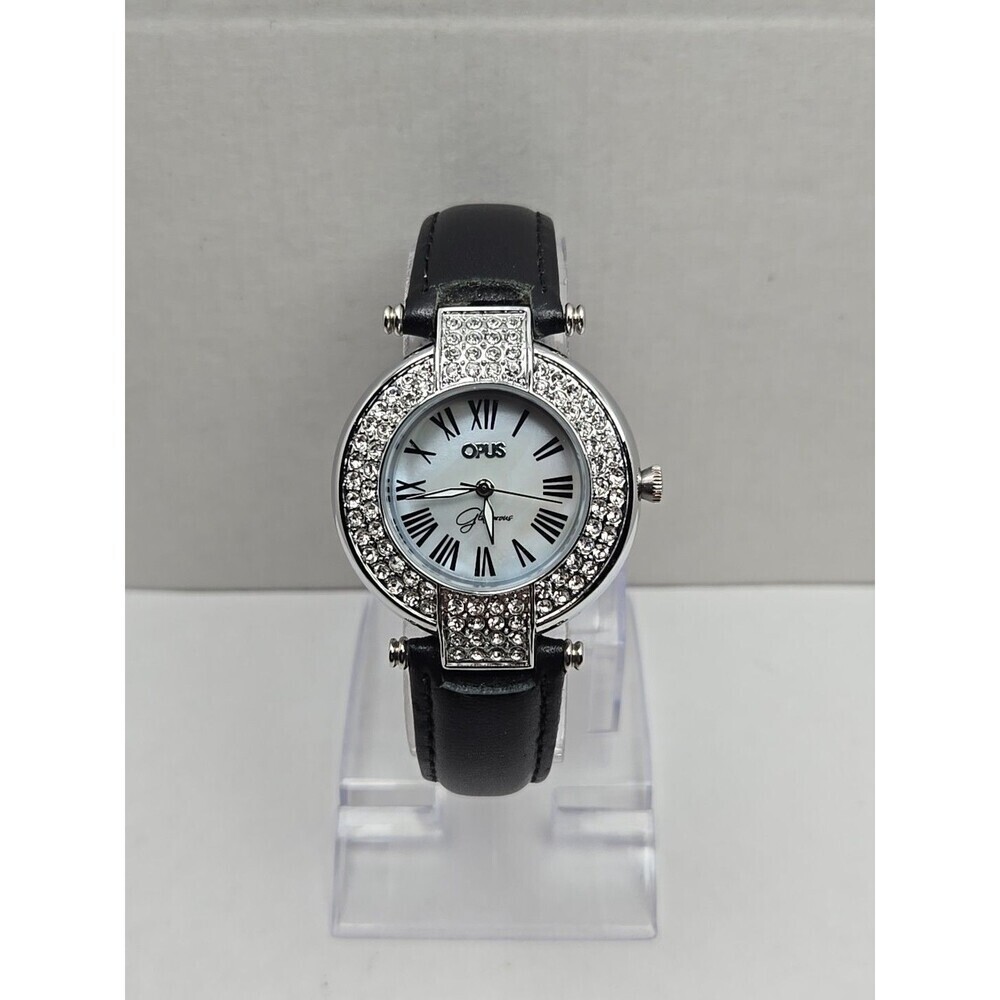 Opus Glamorous Womens Watch MOP 36mm Pave Crystal Black Leather New Battery
